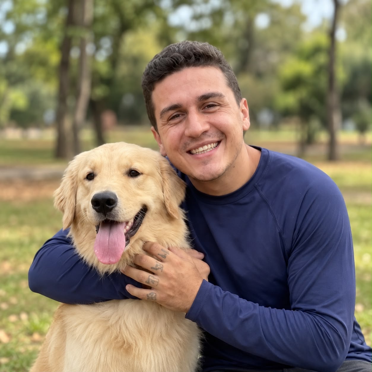 Adestrador Biel sorrindo e abraçando cão Golden Retriever em parque